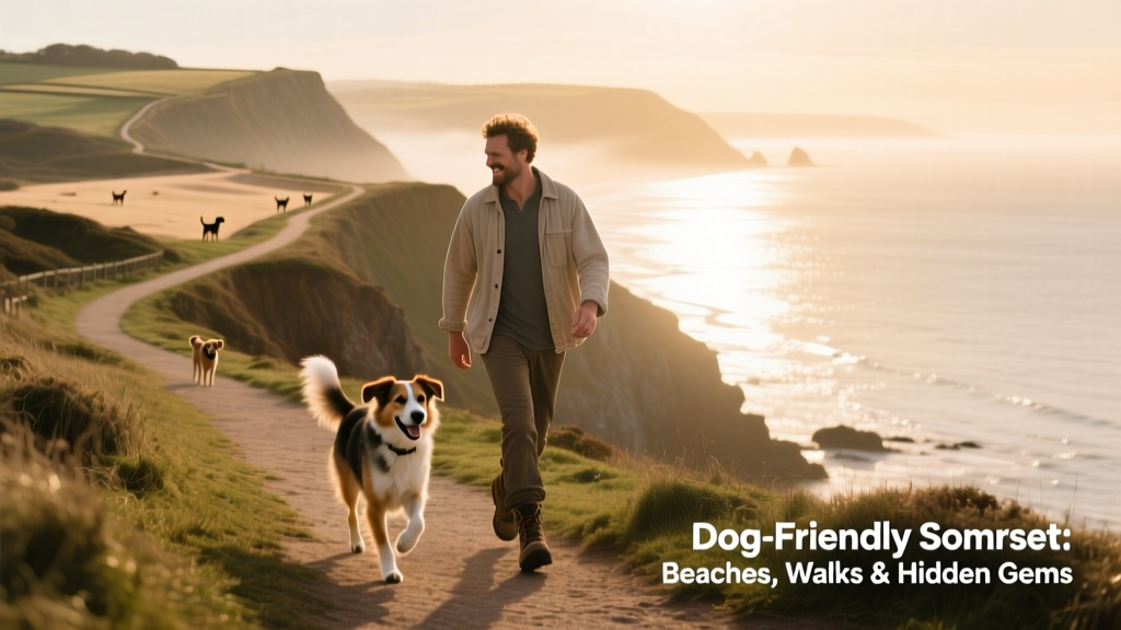 A scenic coastal path in Somerset with a dog trotting beside its owner, overlooking the Bristol Channel