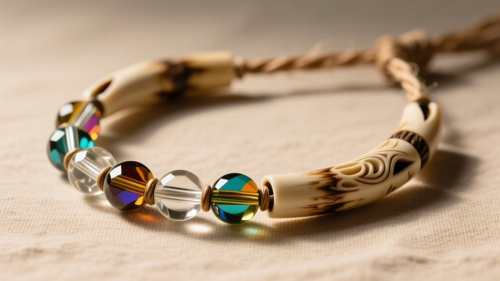 Macro shot of 11/0 Czech glass seed beads and carved bone hairpipe beads strung on thick sinew for indigenous jewelry crafting.