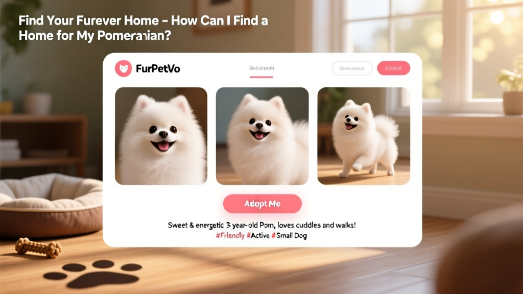 Screenshot-style graphic showing a clean, user-friendly FurPetVo profile page for a Pomeranian with photos and 'Adopt Me' button