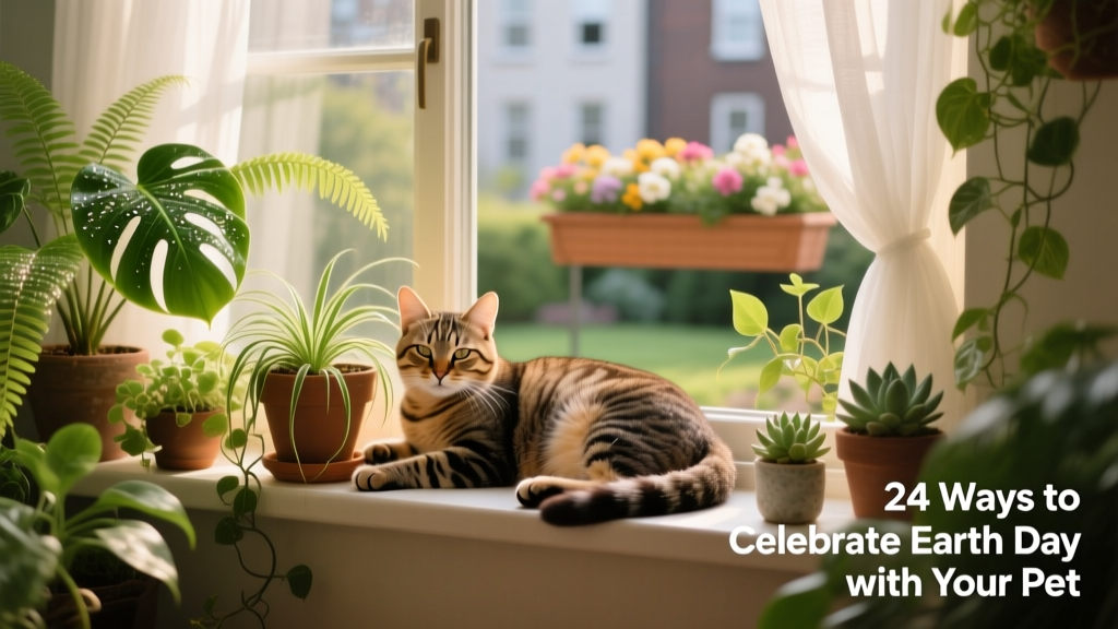 A cat lounging peacefully beside a windowsill filled with pet-safe plants like spider plants and Boston ferns