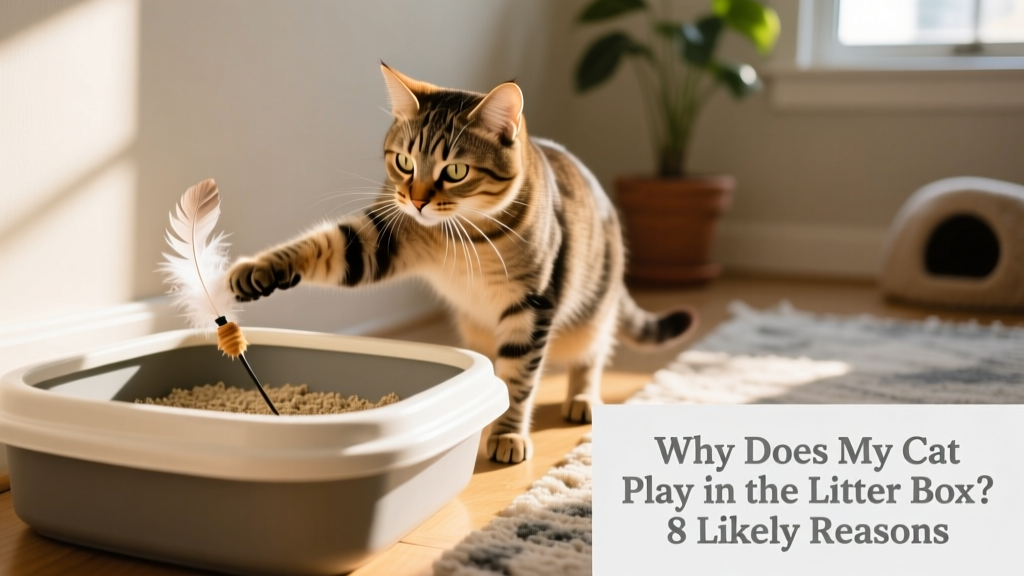 Cat batting at a lightweight toy near the edge of a litter box, showing playful but non-destructive behavior