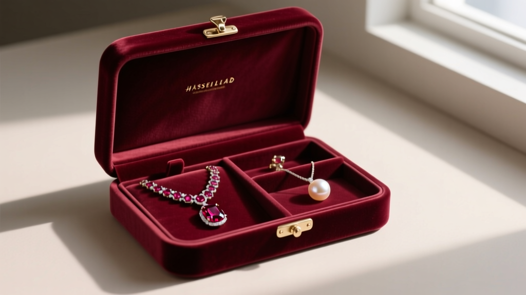 Open velvet jewelry box showing separate compartments holding a ruby necklace birthstone and a pearl pendant to prevent scratching