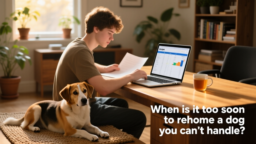A person reviewing a simple budget spreadsheet on a laptop, with a friendly dog resting beside them