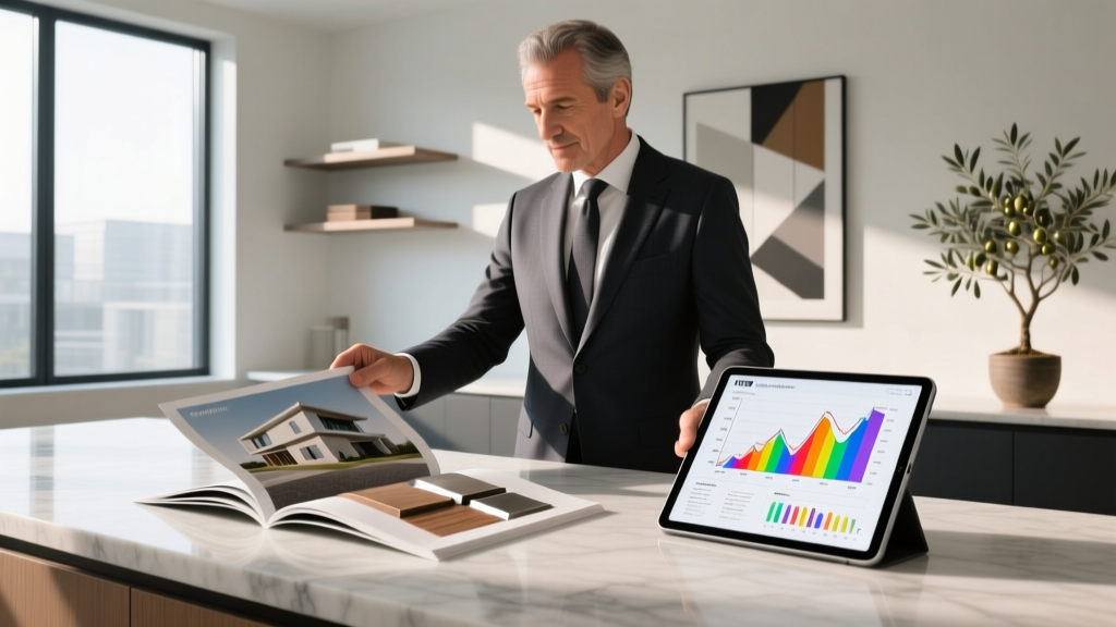 Architect reviewing a printed building materials advertisement brochure alongside a digital tablet displaying ASTM structural testing charts.