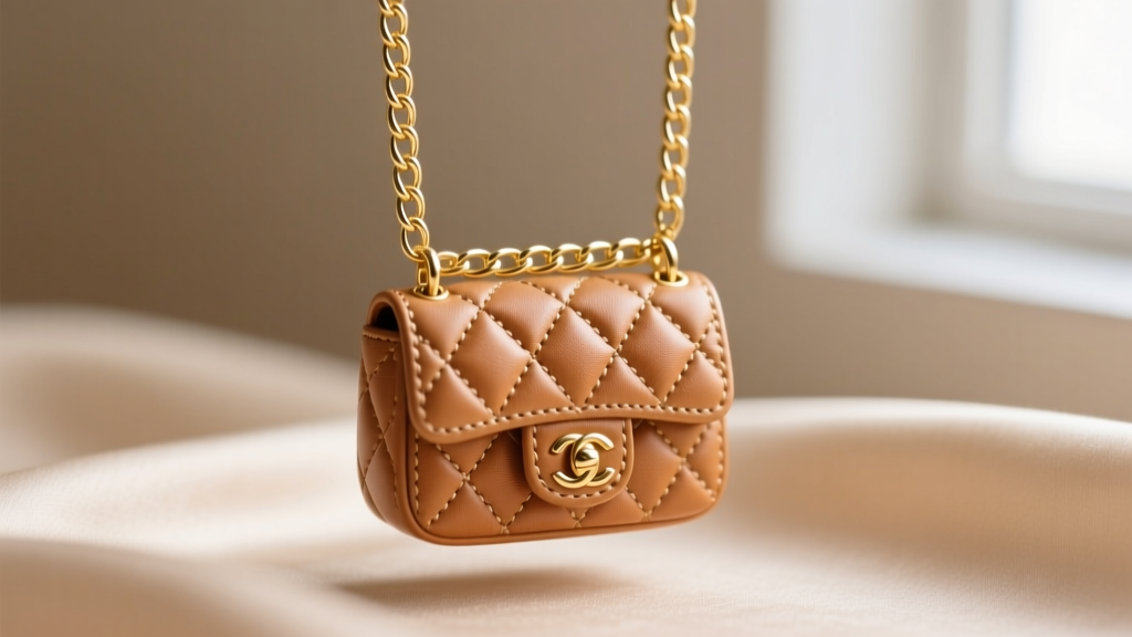 Close-up of a miniature quilted leather handbag pendant on a polished 18k gold curb chain against a soft beige silk background