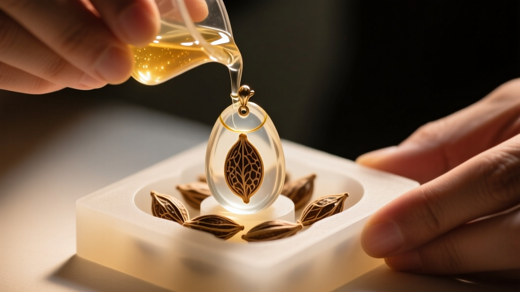 Jeweler pouring clear epoxy resin over dried sal seeds in a silicone pendant mold, illuminated by warm studio lighting