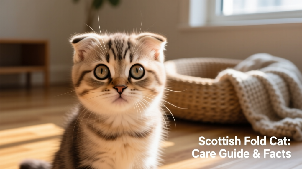 A close-up portrait of a Scottish Fold kitten gazing directly at the camera, showcasing its signature folded ears and large, round eyes