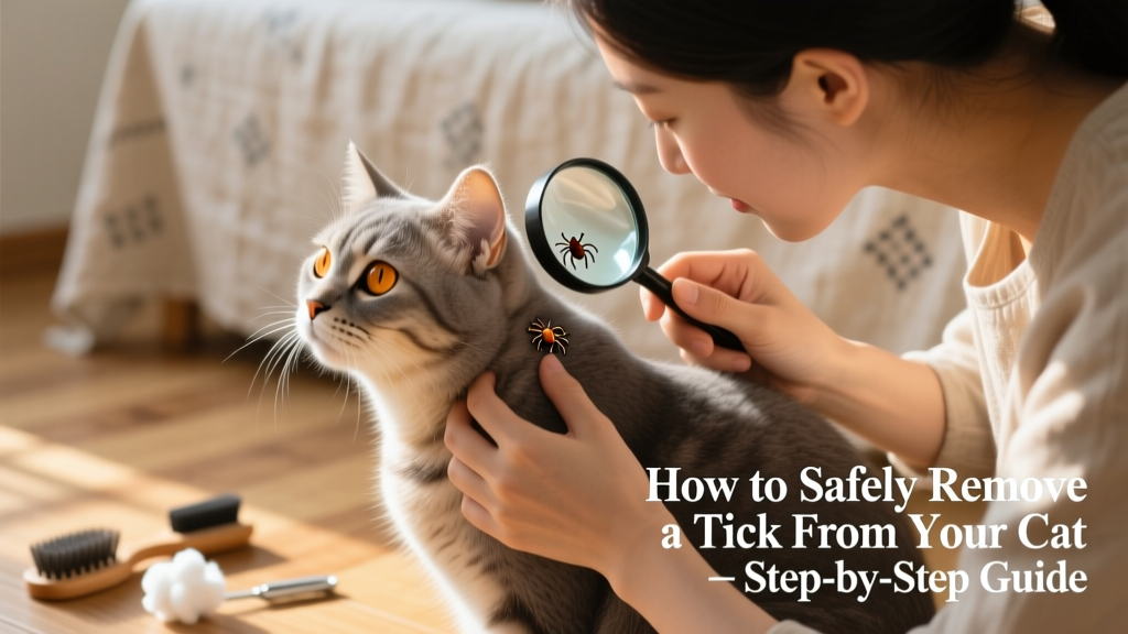Cat owner performing a gentle tick check on their cat's shoulder and neck using good lighting and a magnifying hand lens