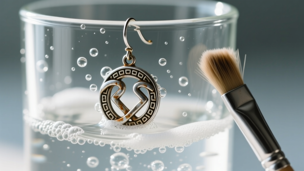 Oxidized silver Greek key earring submerged in a fizzy baking soda bath, next to a soft-bristled detailing brush on a glass rim.