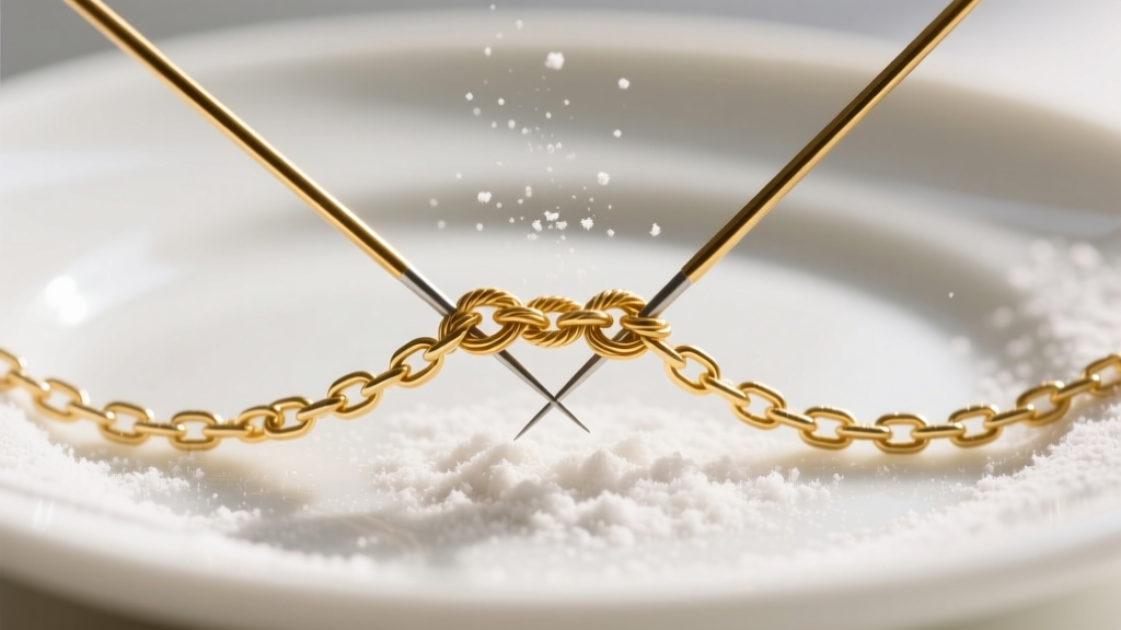 Macro shot of two fine needles separating a knotted gold micro-chain on a white ceramic plate lightly dusted with talc powder.