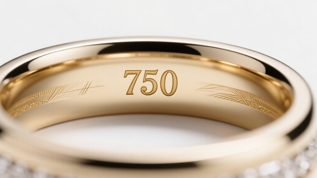 Macro photography of a tiny 750 hallmark stamped inside a polished 18k white gold wedding band, revealing crisp metal edges.