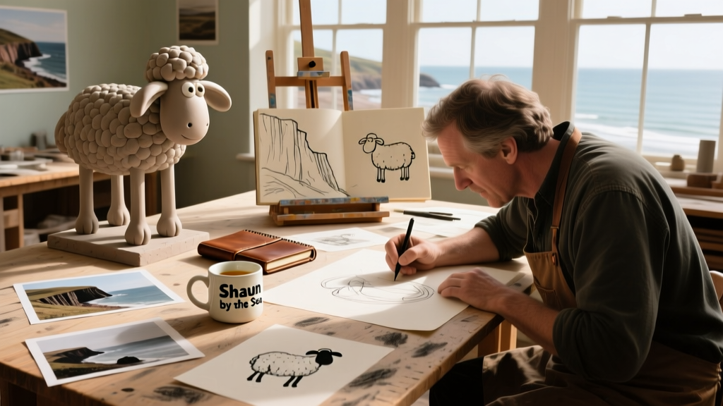 Artist J David Bennett sketching ideas for his Shaun the Sheep sculpture in his Brighton studio