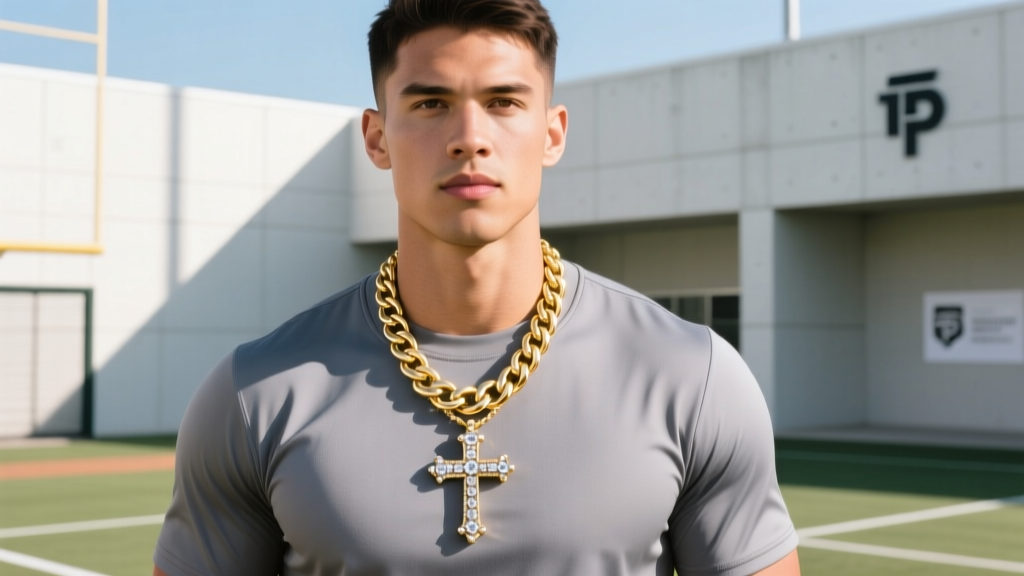 Athlete wearing a 14k gold Cuban link chain and diamond cross pendant over a grey batting practice shirt in bright daylight.
