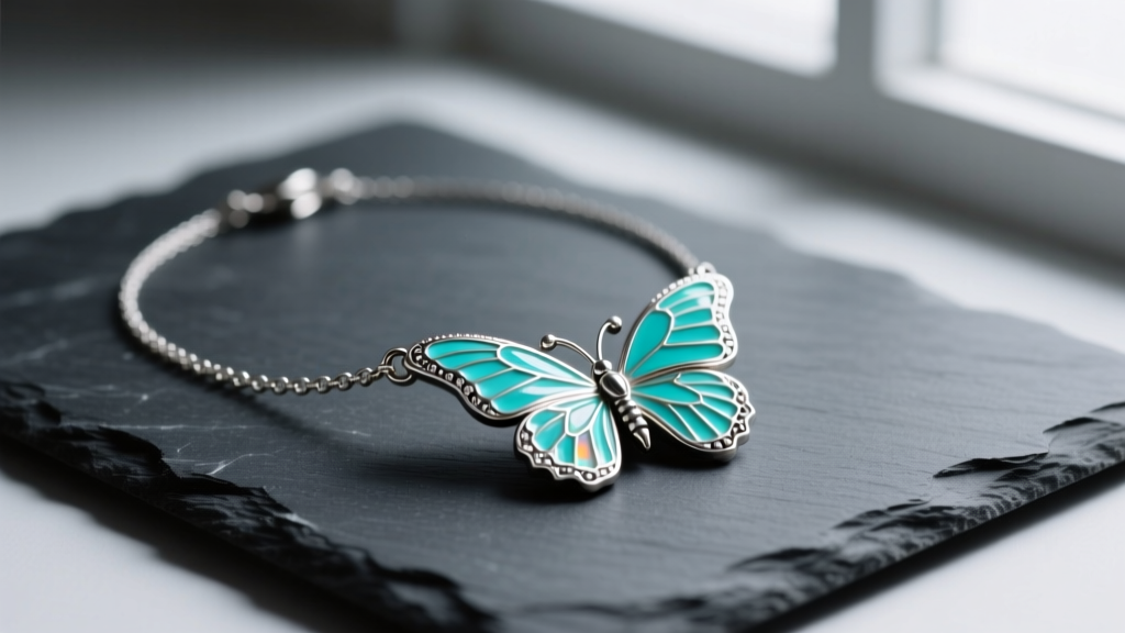 Flat lay of a vintage-inspired Lucky Brand butterfly necklace with turquoise enamel wings and silver-tone plating resting on dark slate