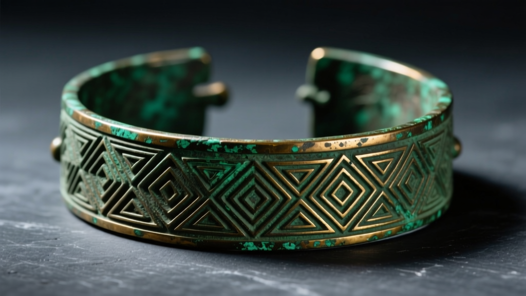 Close-up of an ancient West African bronze manilla bracelet showing green patina and geometric casting on dark slate.