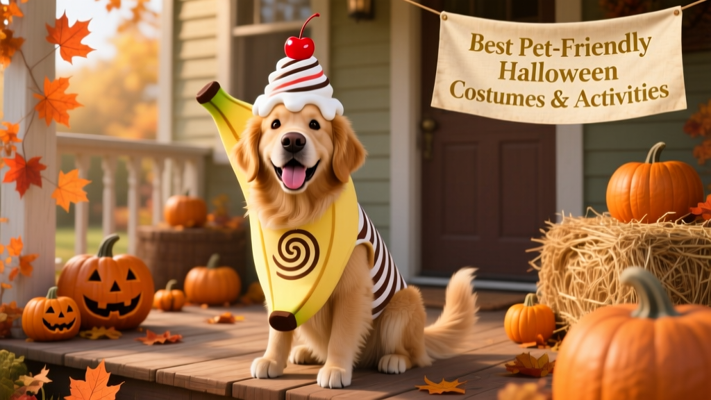 A golden retriever wearing a cheerful banana-split costume, sitting happily on a porch decorated with autumn leaves and pumpkins