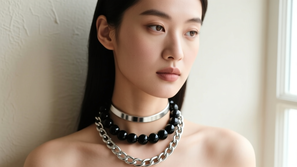 Close-up portrait of a person layering a 2mm matte black ceramic beads rosary necklace with a chunky silver chain and choker