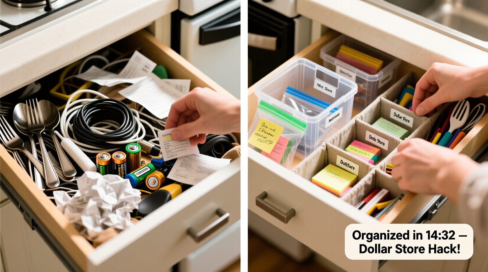 how to organize a messy junk drawer in under 15 minutes with dollar store supplies