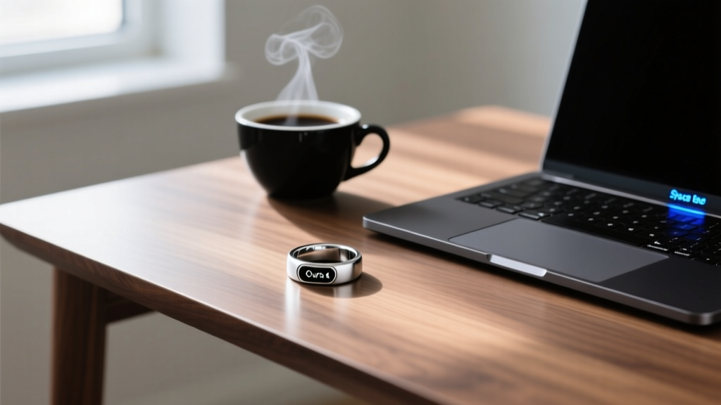 Silver Oura Ring Gen 4 resting on a wooden desk next to a closed Space Black MacBook Pro with a glowing LED indicator and black coffee
