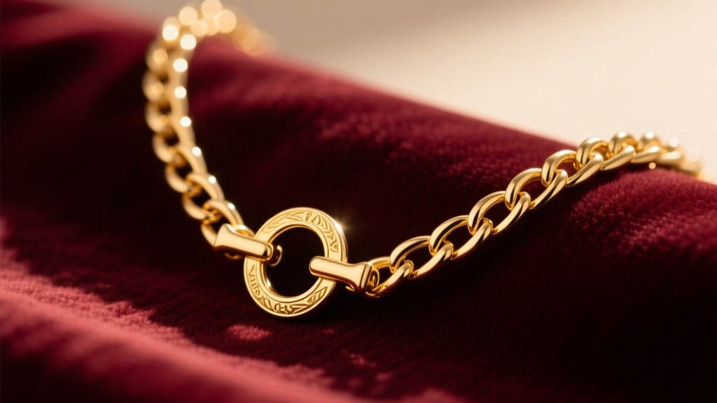 Close-up of a 14k gold toggle chain necklace on velvet, highlighting the T-bar and O-ring clasp mechanism in soft, warm lighting