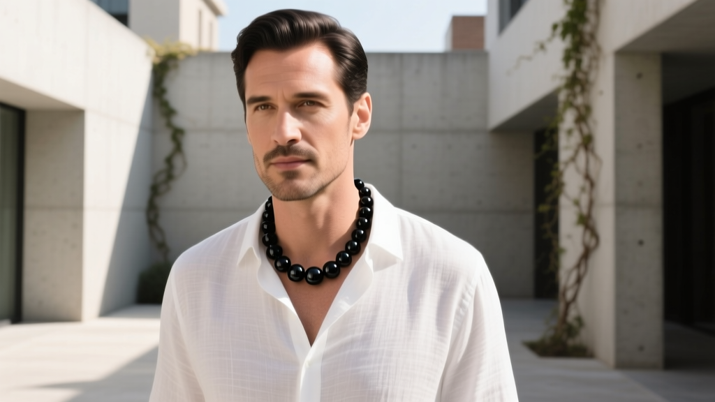 Man wearing a 6mm matte black onyx bead necklace over a white linen shirt, soft natural sunlight, sharp focus on stone textures.
