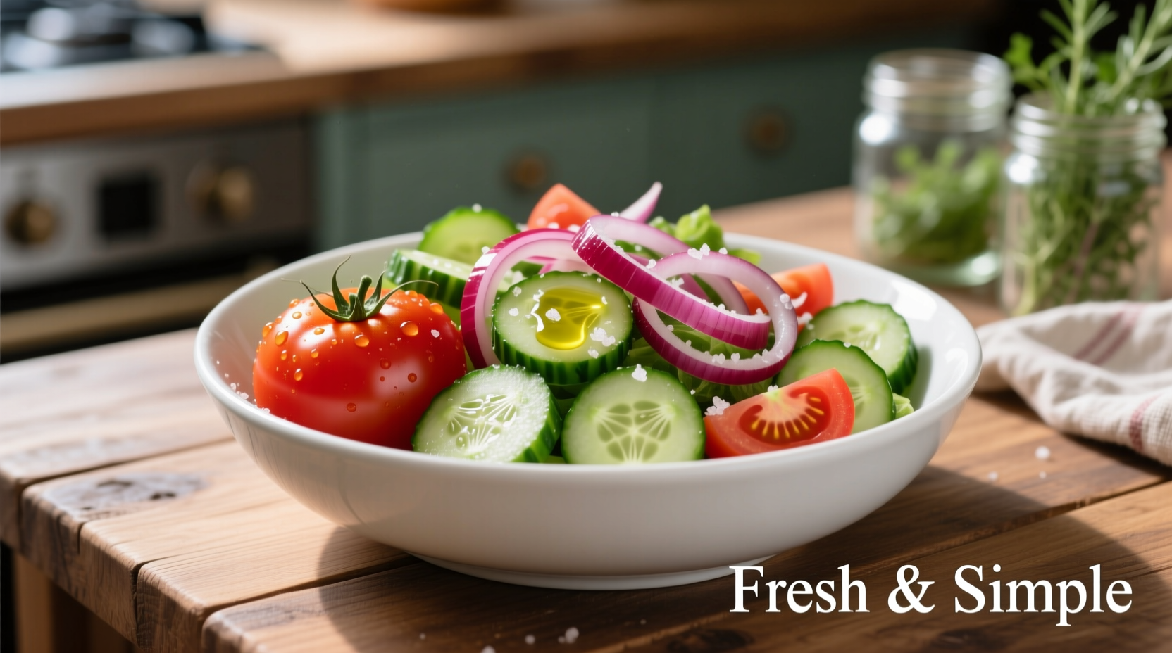 Fresh tomato cucumber onion salad in white bowl