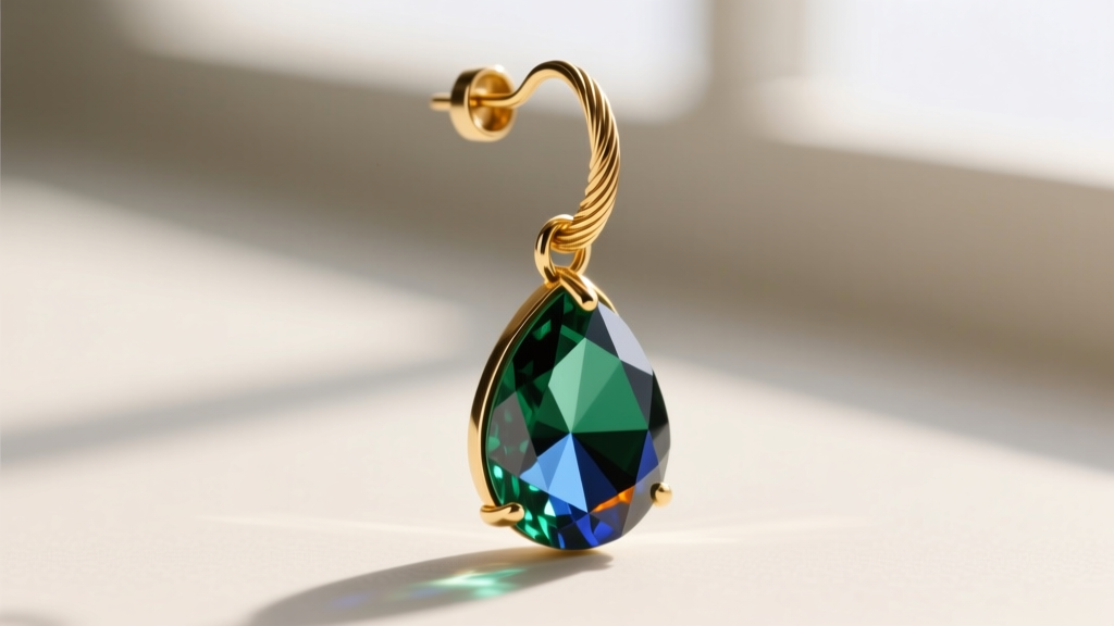 Close-up of a 20-gauge gold earring wire loop connecting to a heavy crystal drop, showing the structural stress point