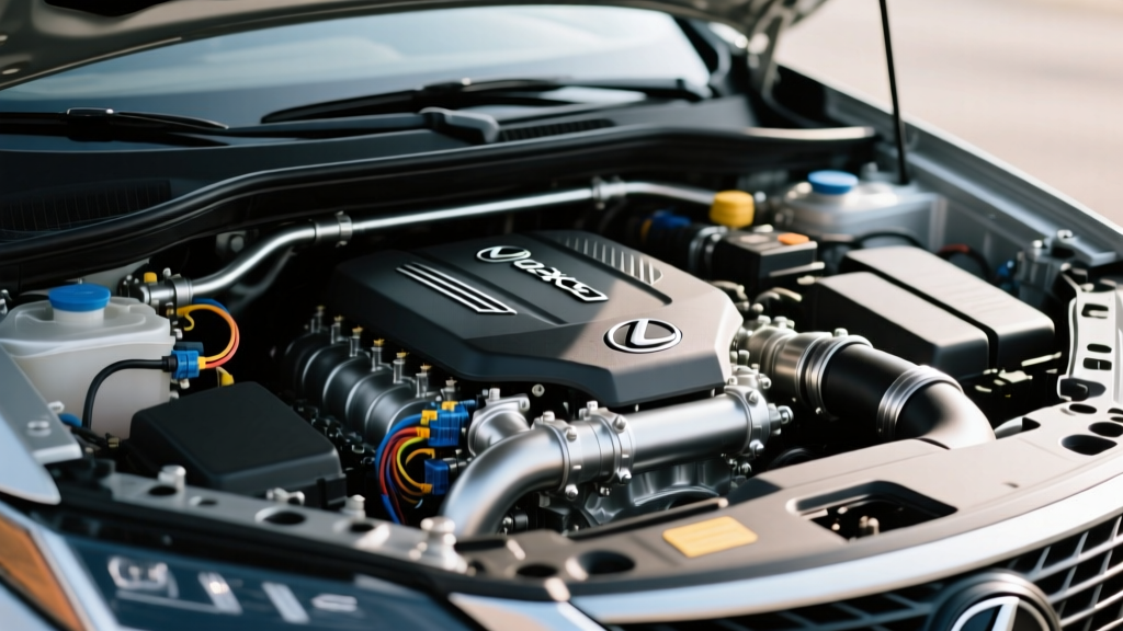 Close up of the Lexus RX 500h F SPORT Performance engine bay showing the 2.4-liter turbocharged hybrid powertrain components