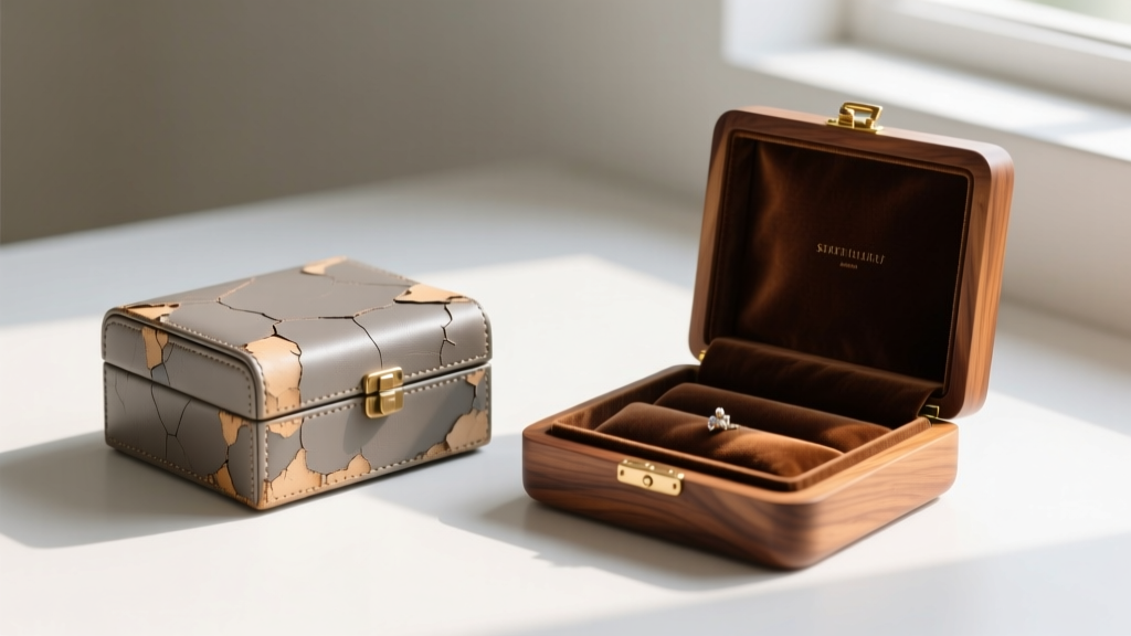 Peeling PU leather starter jewelry box next to a premium solid walnut archival organizer with acid-free suedette lining
