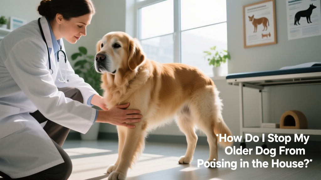 Veterinarian gently palpating a senior dog's hip joint during a wellness exam