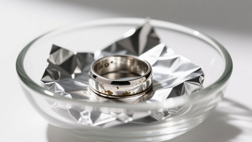 Tarnished sterling silver ring on aluminum foil inside a glass bowl, lit by warm overhead lighting for a baking soda cleaning bath.