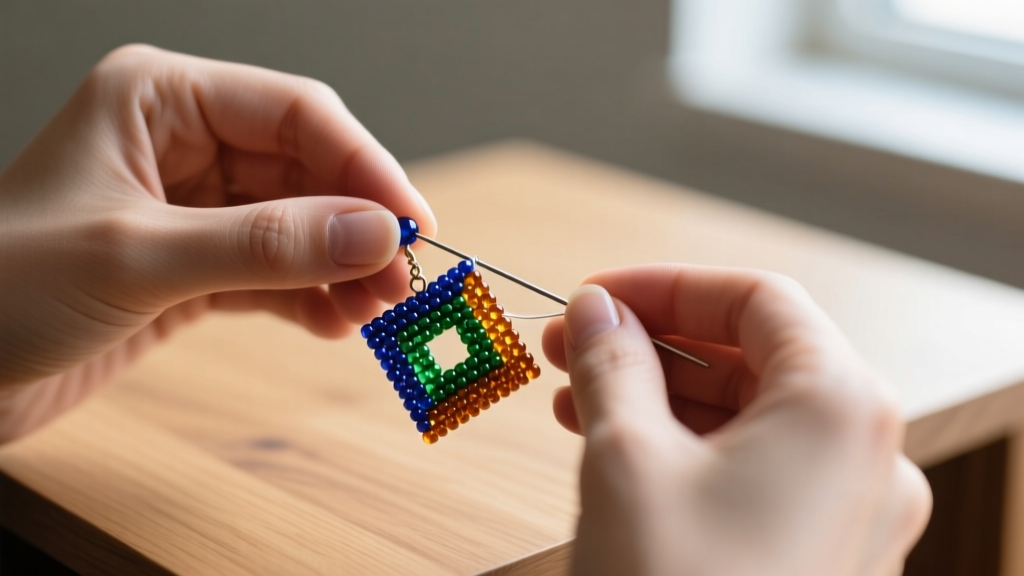 Close-up of hands using a beading needle to weave a structured brick-stitch square earring component on a wooden desk.