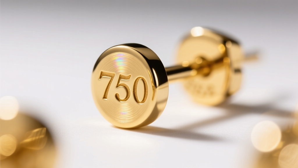 Macro shot of an 18-karat gold earring hallmark stamped 750 on the post, illuminated by a bright jeweler's macro LED light.