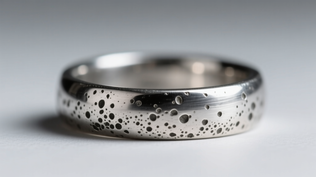 Macro photo of a pewter ring showing microscopic surface pitting and dull gray oxidation under bright jeweler's loupe lighting