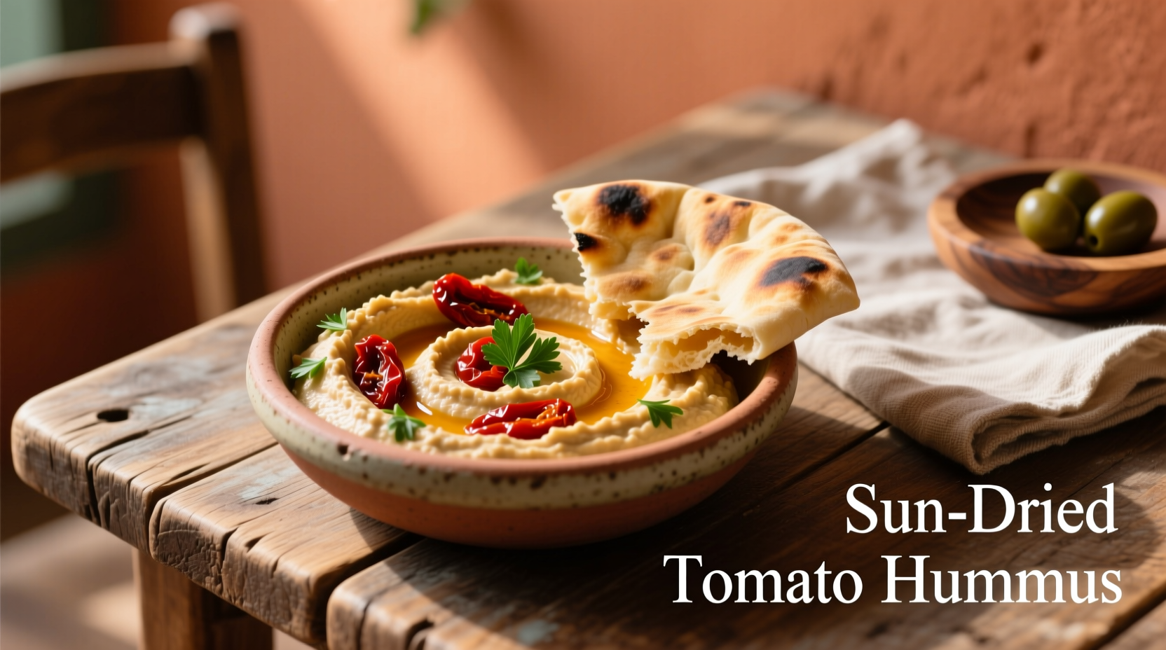 Creamy sun dried tomato hummus in bowl with pita
