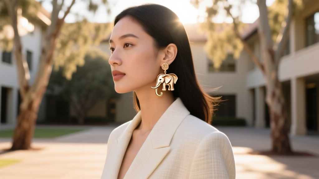 Graduate wearing 18k rose gold elephant dangle earrings, warm sunlight illuminating her jawline and the detailed gold trunk.