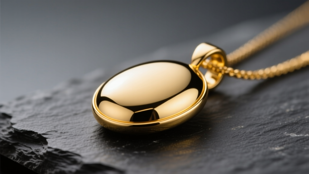 Close-up of a polished 14k solid yellow gold oval necklace pendant resting on dark slate, reflecting warm studio lighting.