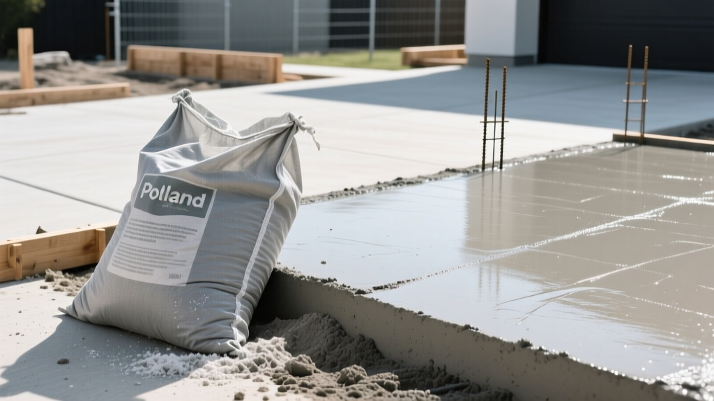 Bulk bag of gray Portland cement powder sitting next to a fresh wet concrete slab pour at a residential driveway construction site