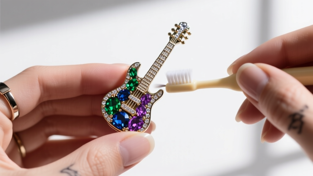 Close-up of a jeweler using a soft-bristled baby toothbrush to gently clean a rhinestone-encrusted guitar-shaped earring post