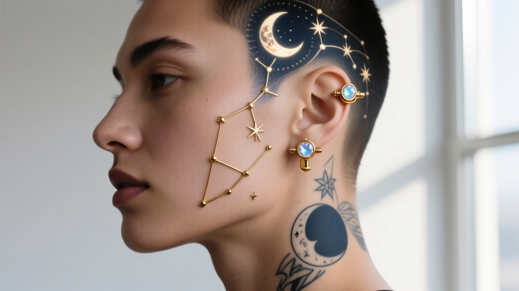 Side profile showing celestial fine-line tattoos and custom 18k rose gold threadless dermal tops with glowing moonstone inlays.
