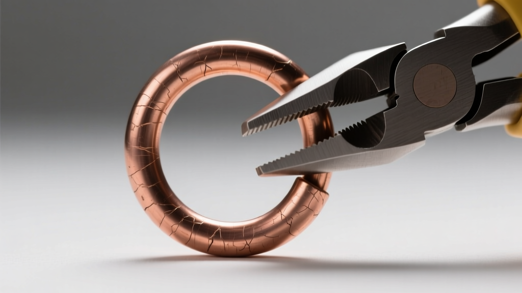Close-up of a 20-gauge copper jump ring pulled with flat-nose pliers, showing the raw metal texture and structural durability.