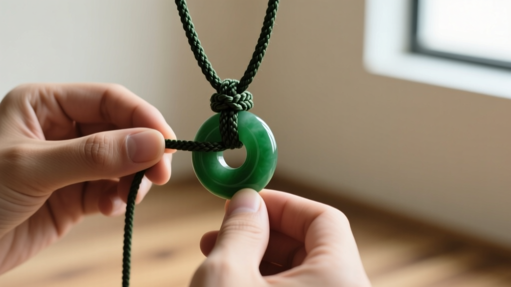 Close-up of hands tying a traditional adjustable brown macrame sliding knot on a dark green jade circle necklace cord.