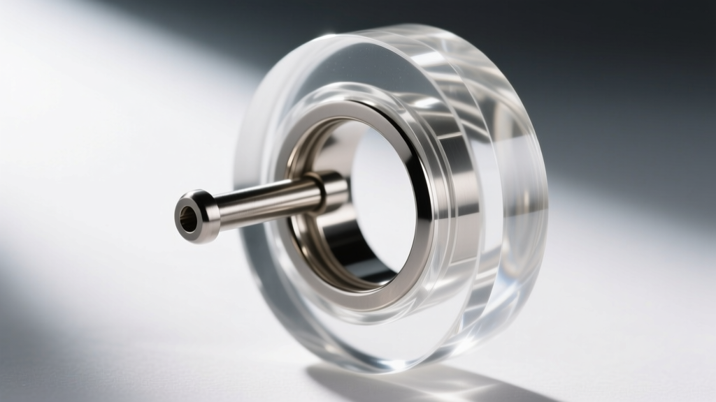 Close-up of an 18-gauge titanium post embedded in a clear cast resin hoop, highlighting the internal protective metal sleeve.