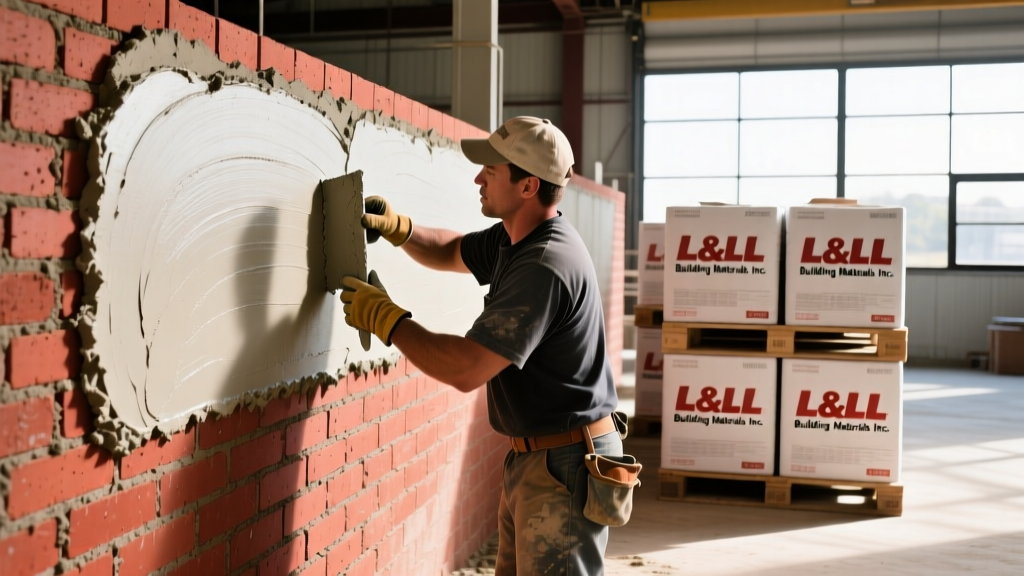 Mason troweling Type S mortar onto a red clay brick wall with stacked pallets of L&L Building Materials Inc supplies nearby.