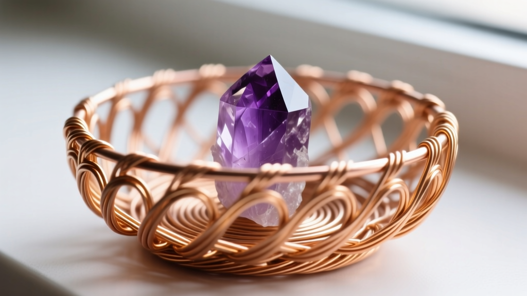 Macro shot of tightly woven 28-gauge copper wire basket holding a raw amethyst crystal, highlighting intricate wire wrapping.