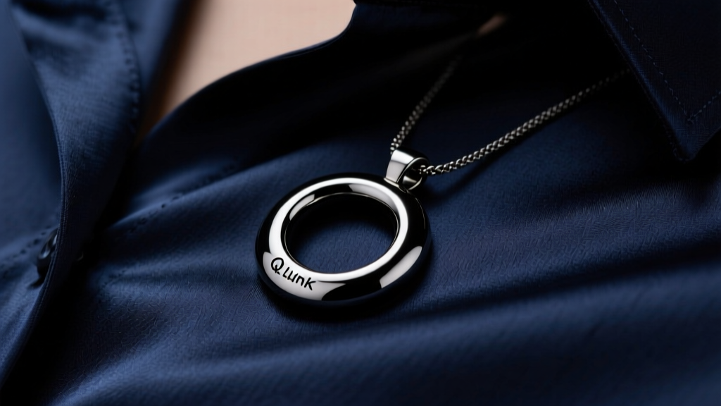 Close-up of a sleek black titanium Qlink wellness pendant resting on a dark silk shirt, illuminated by soft studio lighting.