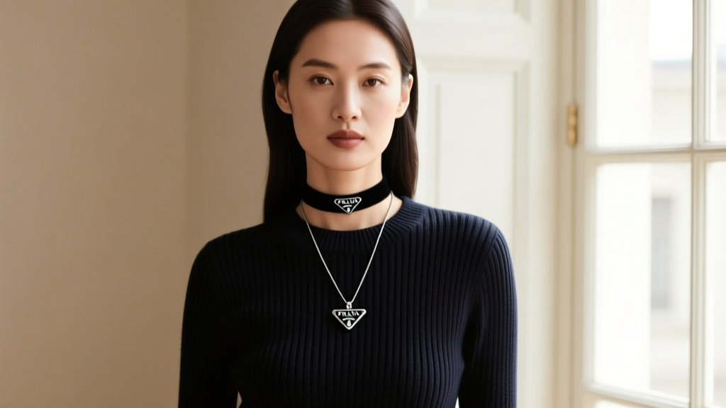 Stylish woman layering a black cord Prada tag choker with a longer silver triangle pendant over a dark, ribbed cashmere sweater.