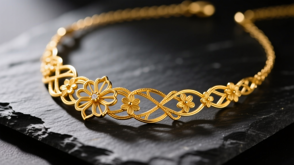 Close-up of delicate K18 yellow gold Japanese filigree necklace on dark slate, illuminated by soft warm directional lighting.