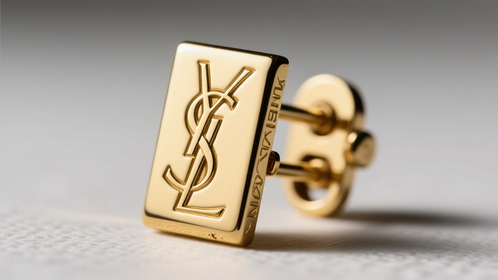 Macro close-up of a vintage YSL gold clip-on earring back, showing the deeply stamped YSL logo and intricate metal hinge mechanism