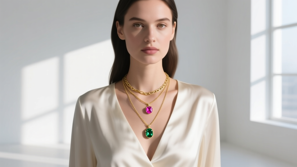 A woman wearing a deep V-neck silk blouse layered with three delicate gold necklaces ending in pink sapphire and emerald drops